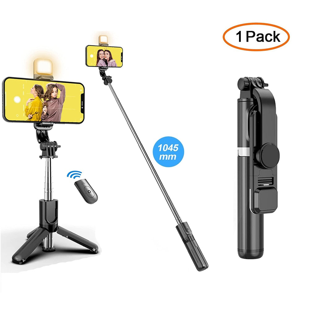 Tripé portátil dobrável sem fio Bluetooth Selfie Stick com controle remoto de obturador de luz de preenchimento para smartphone Android iPhone