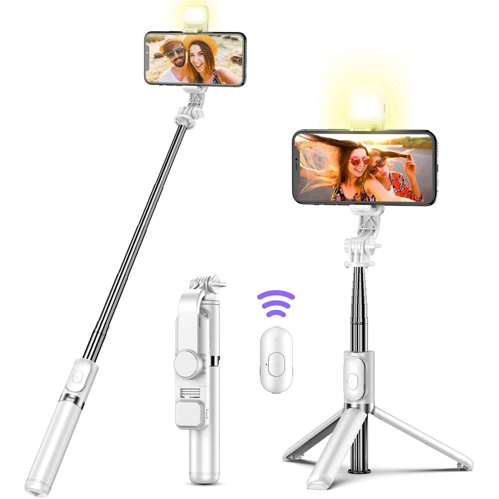 Tripé portátil dobrável sem fio Bluetooth Selfie Stick com controle remoto de obturador de luz de preenchimento para smartphone Android iPhone
