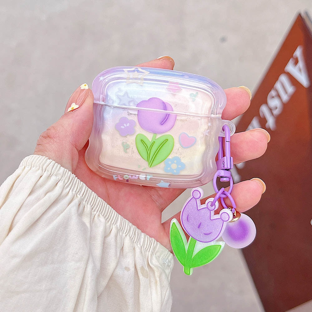 Estojo para fone de ouvido para AirPods 1 2 3 Pro 2 Fofo Gradiente Roxo Coelho Flores Tulipa Chaveiro Capa à prova de choque para Airpod 2 Soft Shell