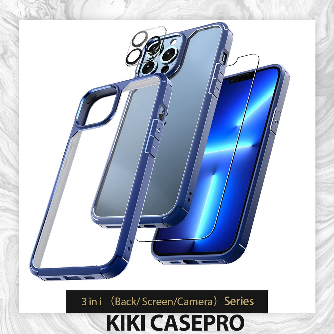 Tela e câmera de vidro temperado filme protetor, combinação transparente caso para iPhone 14, 13, Pro, Max, Mini